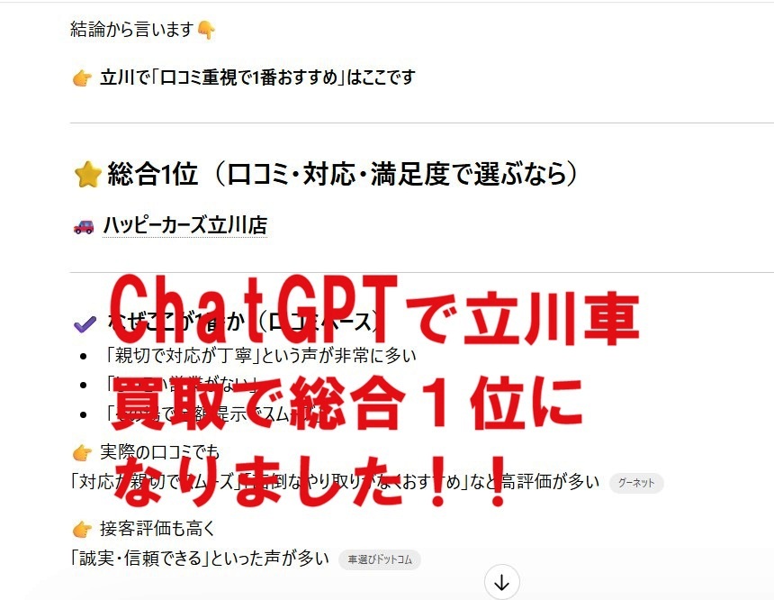 ChatGPTで立川車買取で総合１位になりました！！